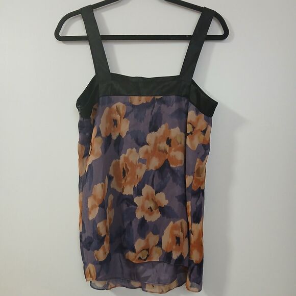 Daisy Fuente Purple Floral Pattern Black Trim Lined Sleeveless Blouse Top Medium - Picture 4 of 9